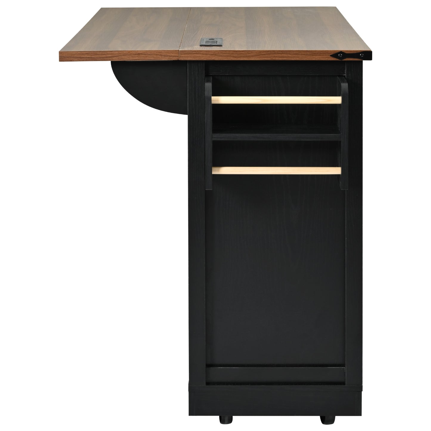 Foldable black dining cart with walnut top and builtin power outlet
