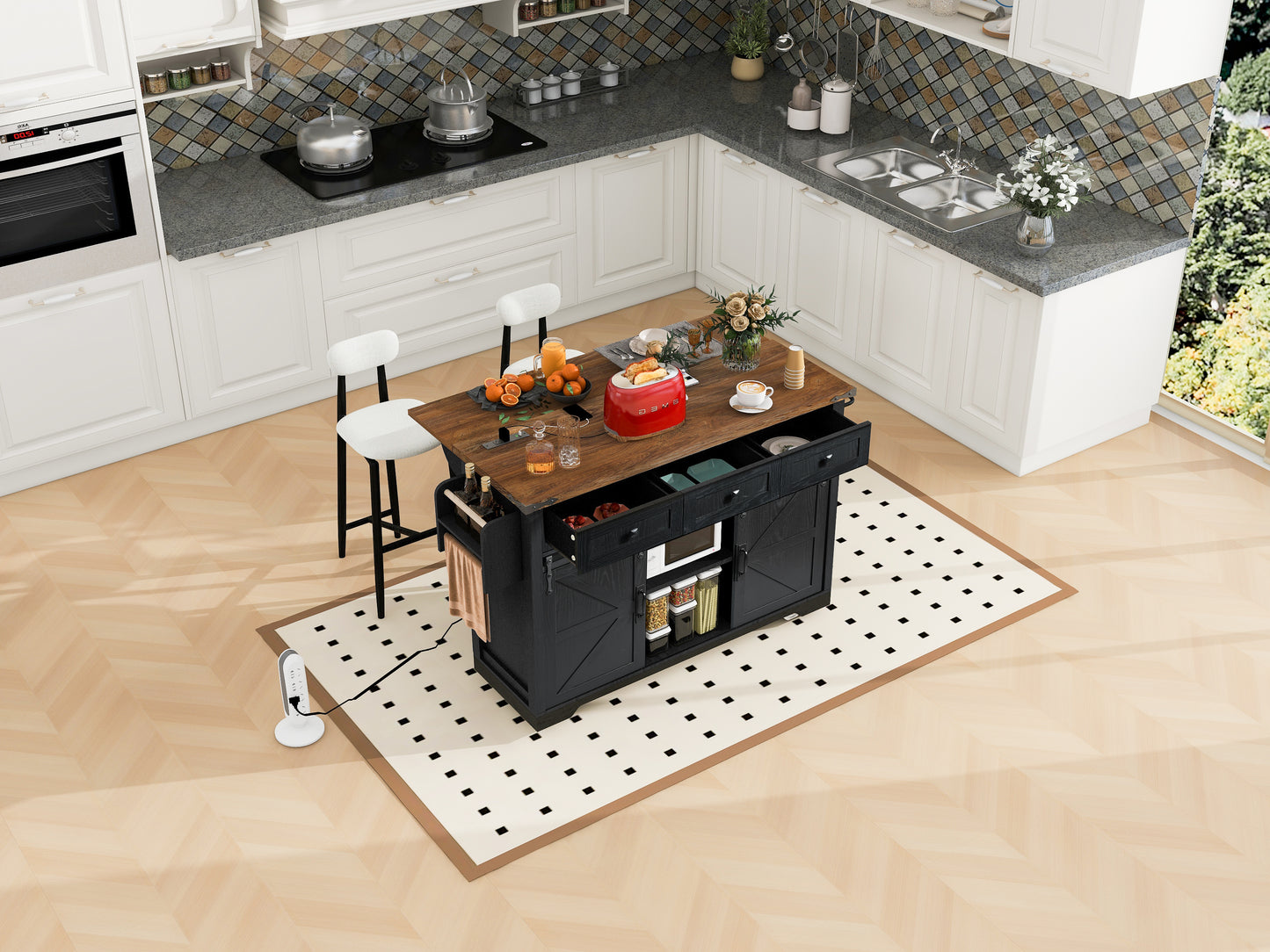 Black kitchen island with butcher block top and storage drawers featuring a microwave and bar stools