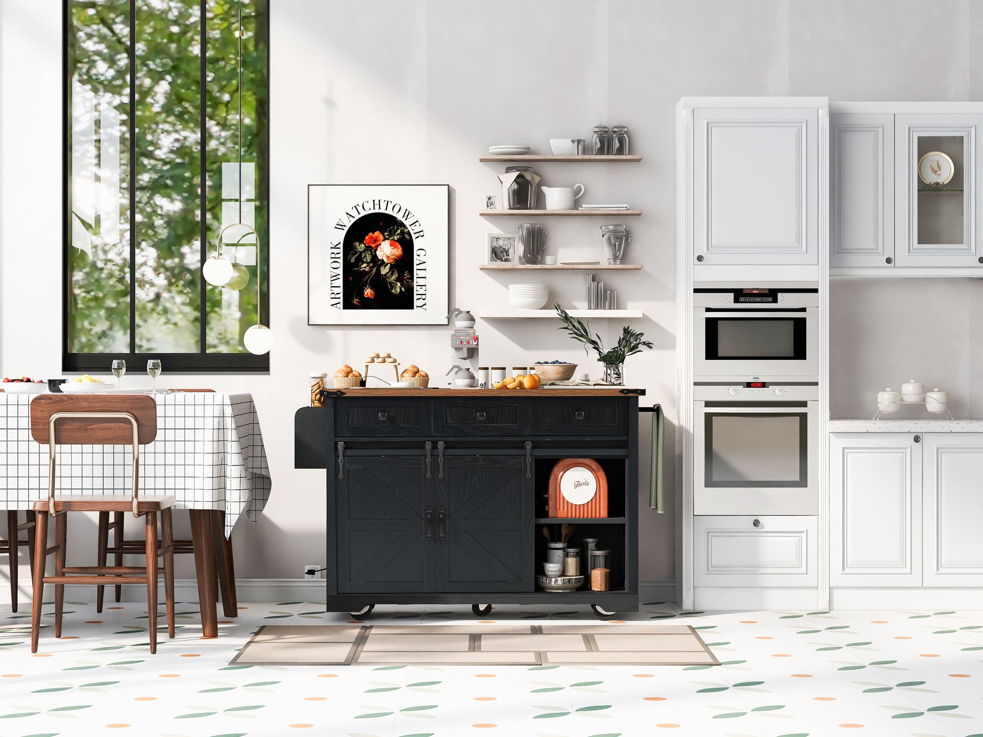 Black farmhouse kitchen island with wooden top and sliding barn doors