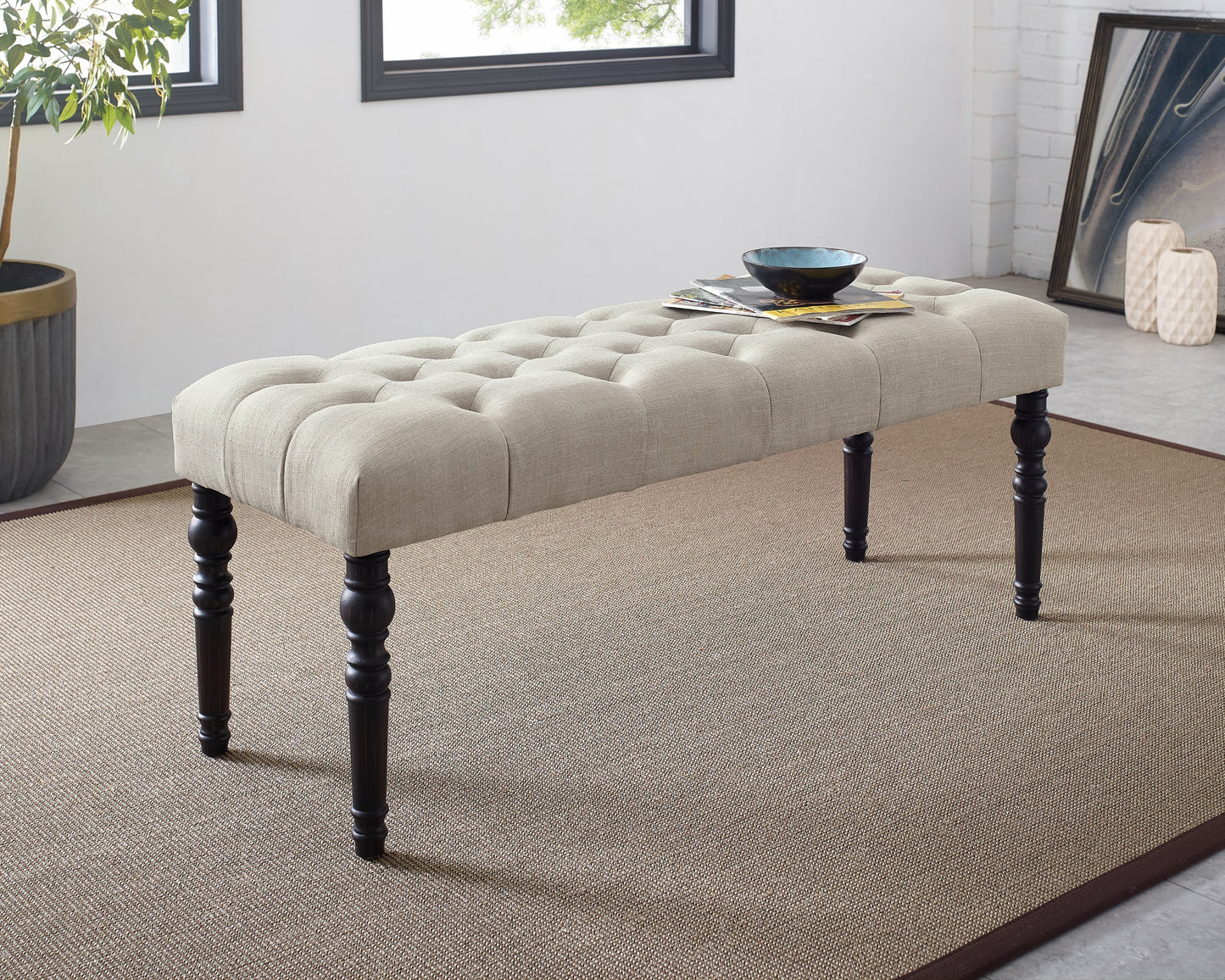 Tufted linen entryway bench in beige with dark wood legs