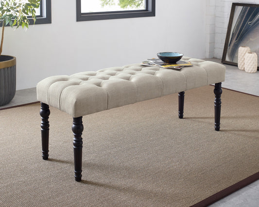 Tufted linen entryway bench in beige with dark wood legs