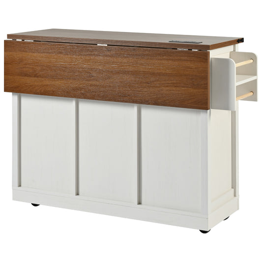 White and wood dropleaf kitchen cart with wheels and storage shelves