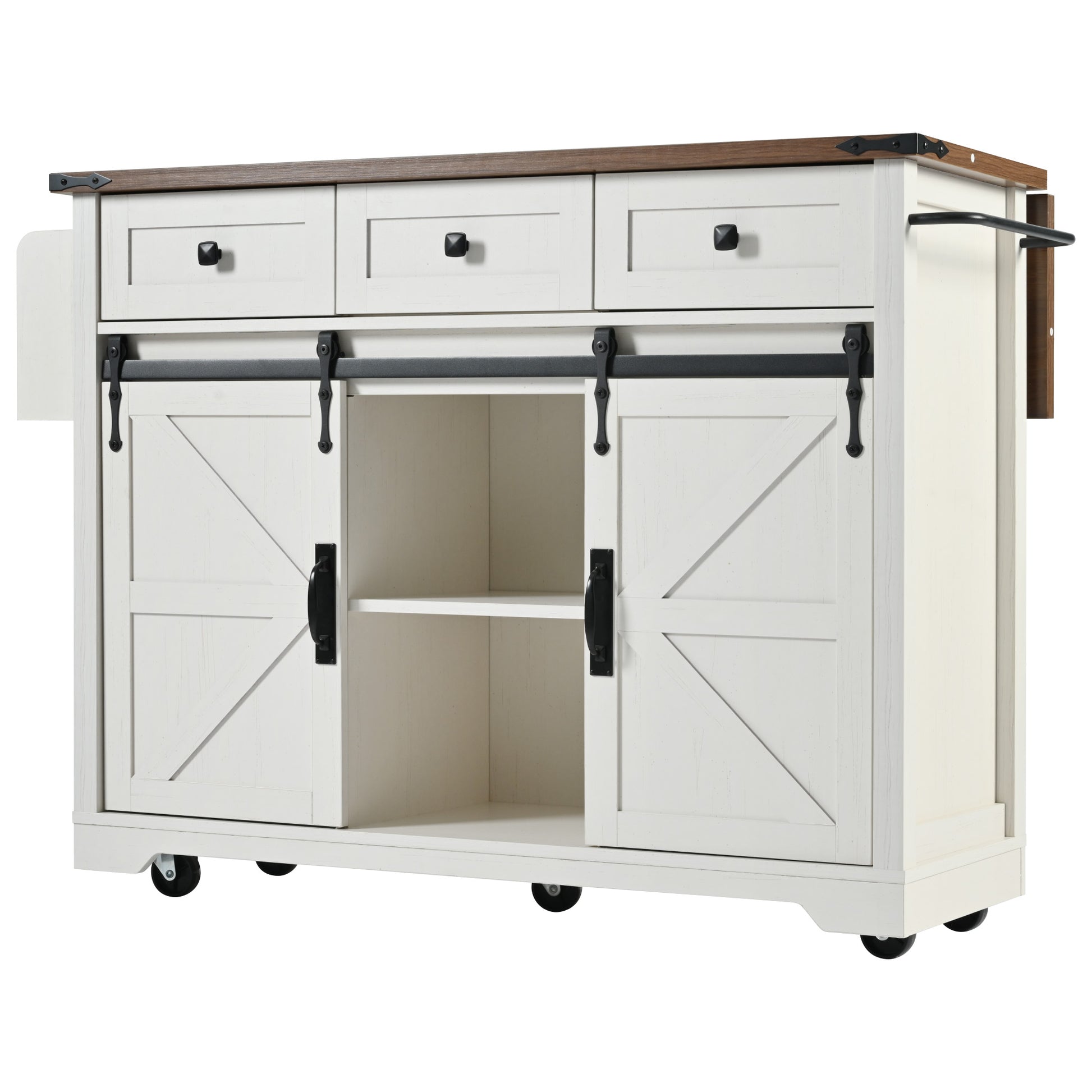White farmhouse kitchen island with sliding barn doors and oak top