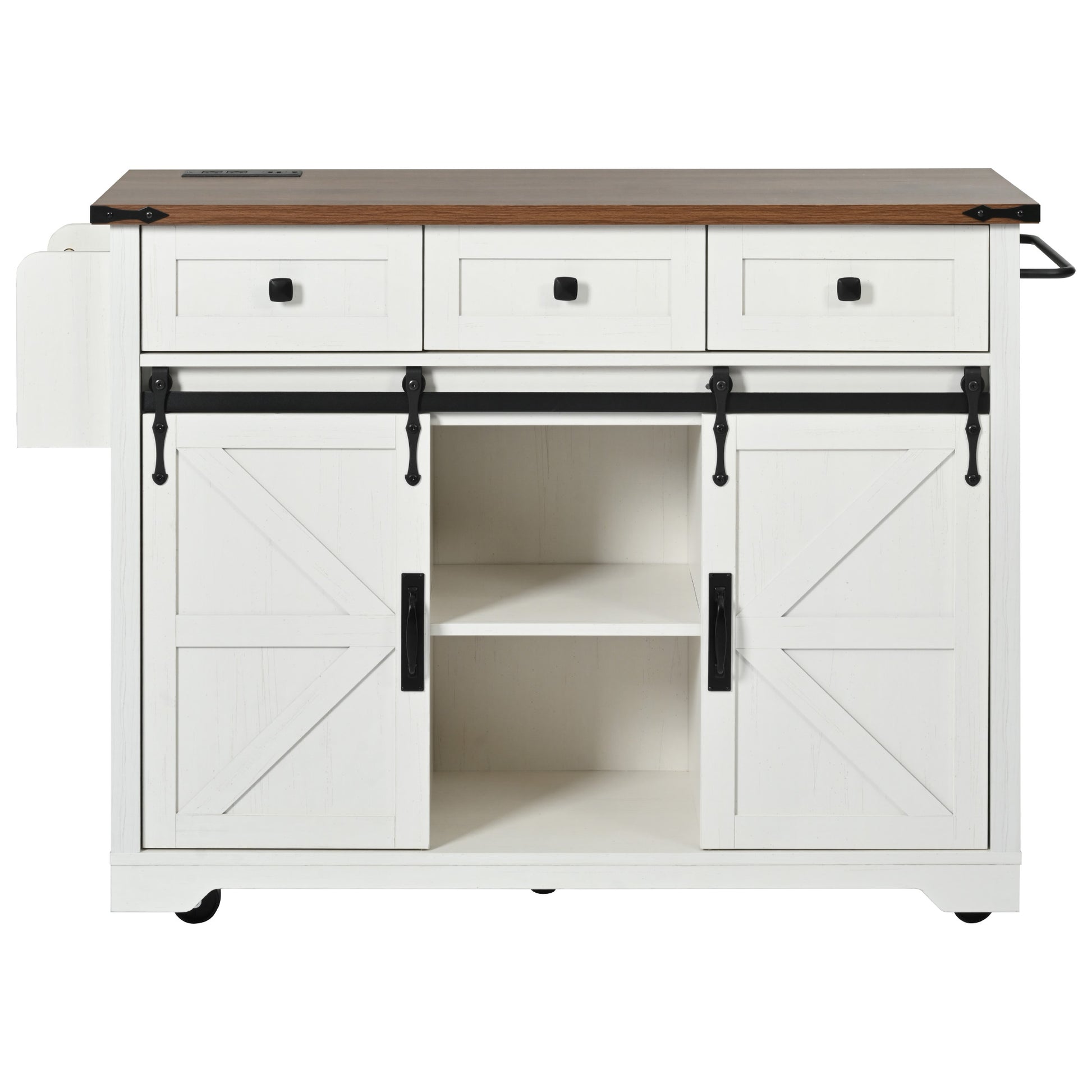 White kitchen island with a wooden top three drawers and sliding barn doors Features black hardware and wheels