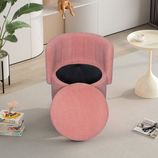 Tufted pink boucle fabric storage ottoman with open lid revealing black interior
