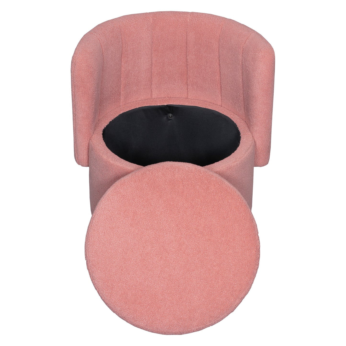 Pink teddy fabric accent chair with lifttop storage and black interior