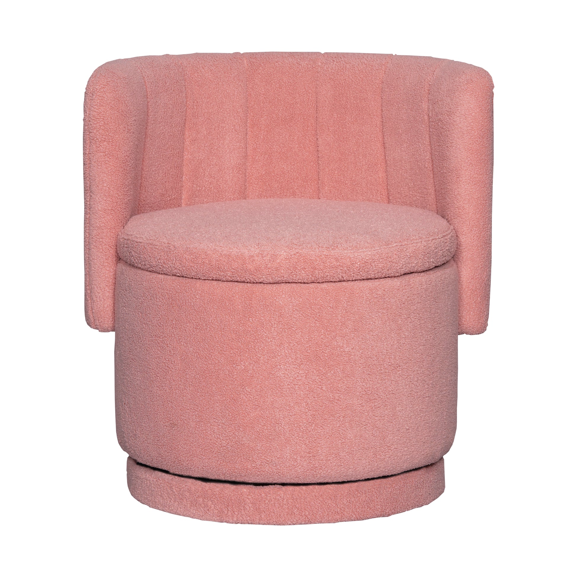Plush pink swivel accent chair with channel tufting perfect for a cozy reading nook