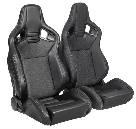Pair of black leather bucket racing seats with white stitching for enhanced driving support