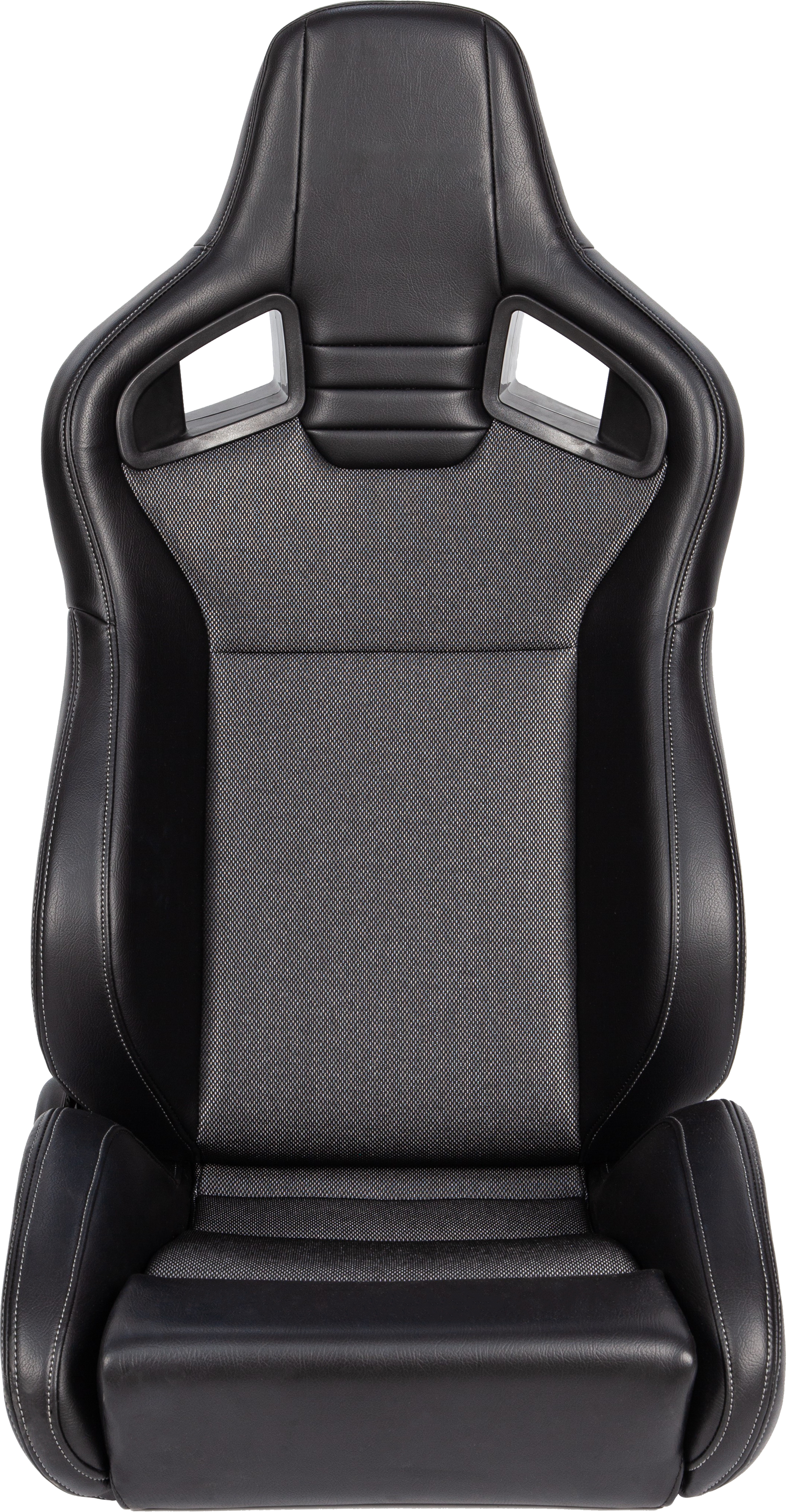 Black racing bucket seat with grey textured fabric inserts and white stitching for performance driving