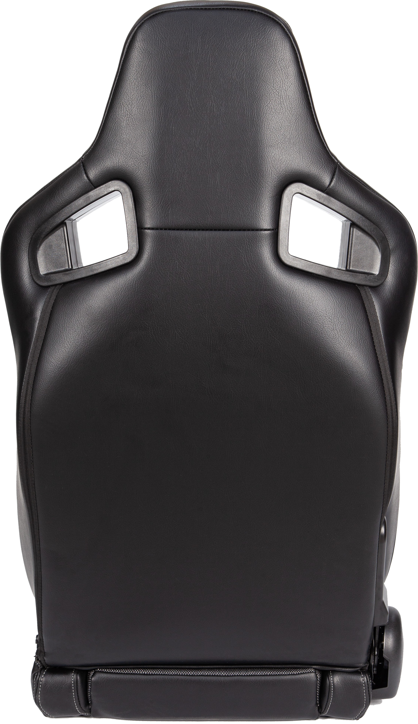 Black racing bucket seat with faux leather upholstery and integrated headrest for gaming