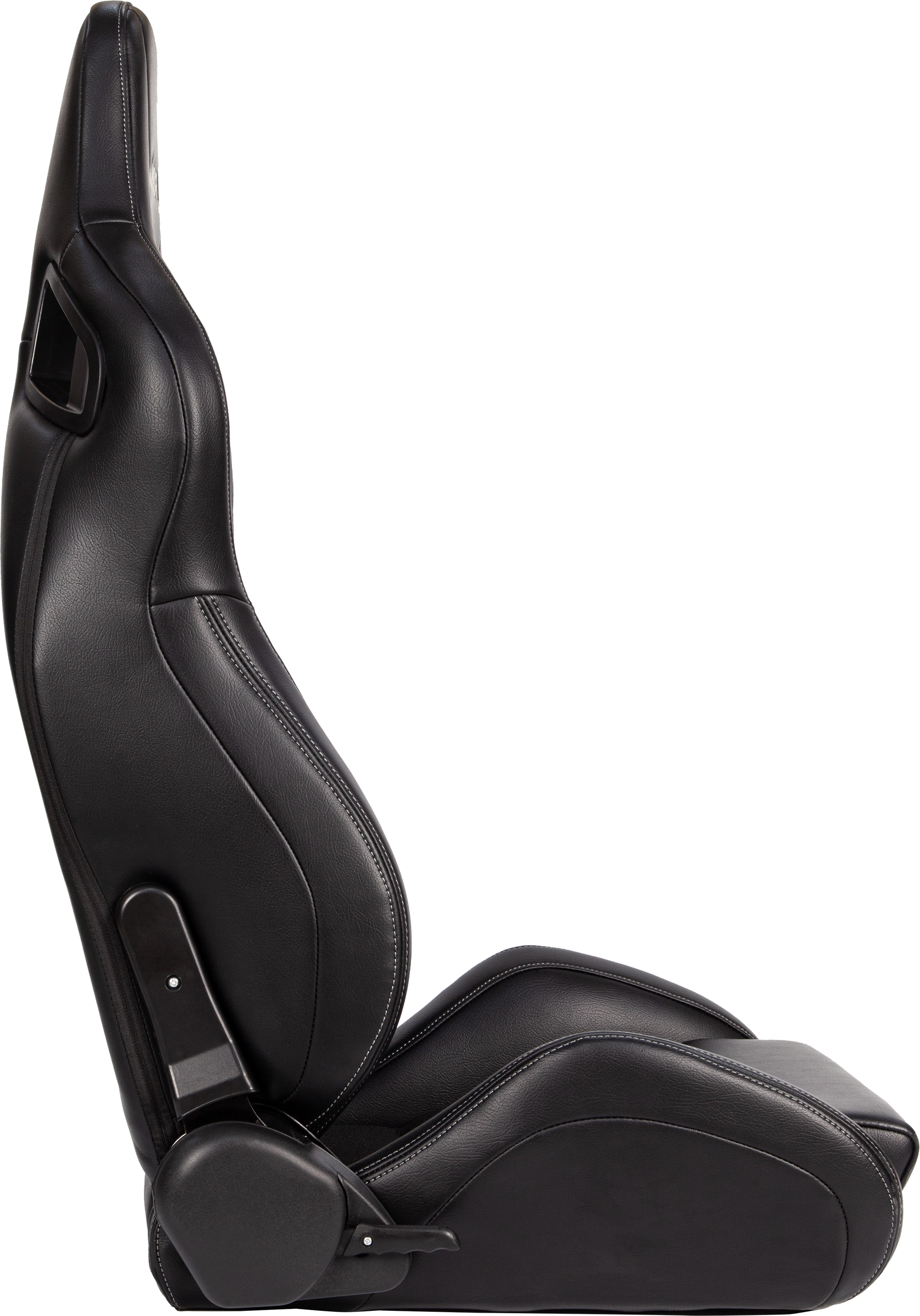 Black racing bucket seat with white stitching and adjustable lever