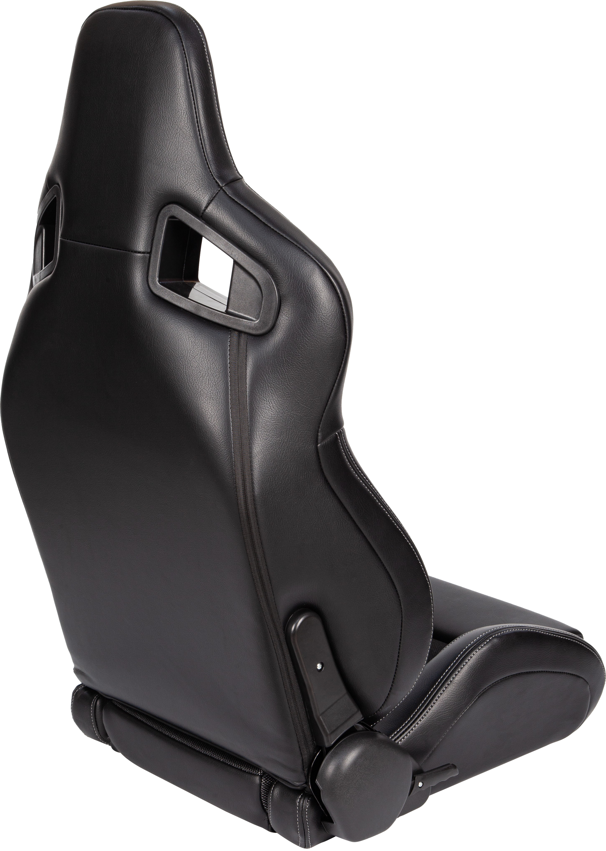 Black racing seat with white stitching and adjustable recline mechanism