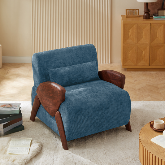 Teal accent chair with rich wood arms perfect for modern living rooms
