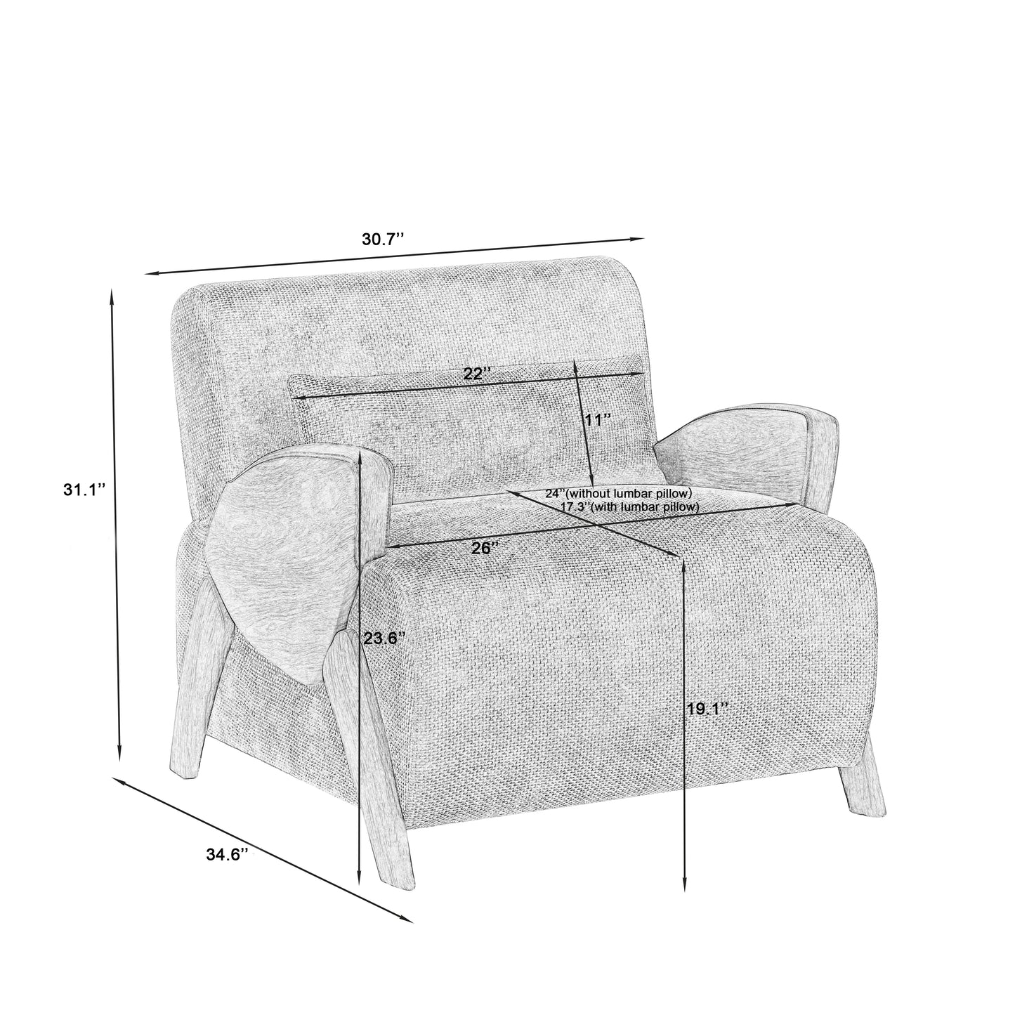 Textured fabric accent chair with sloped arms and angled wooden legs perfect for modern living rooms