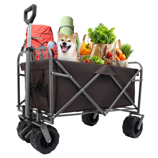Collapsible wagon with dog groceries and camping gear for outdoor adventures