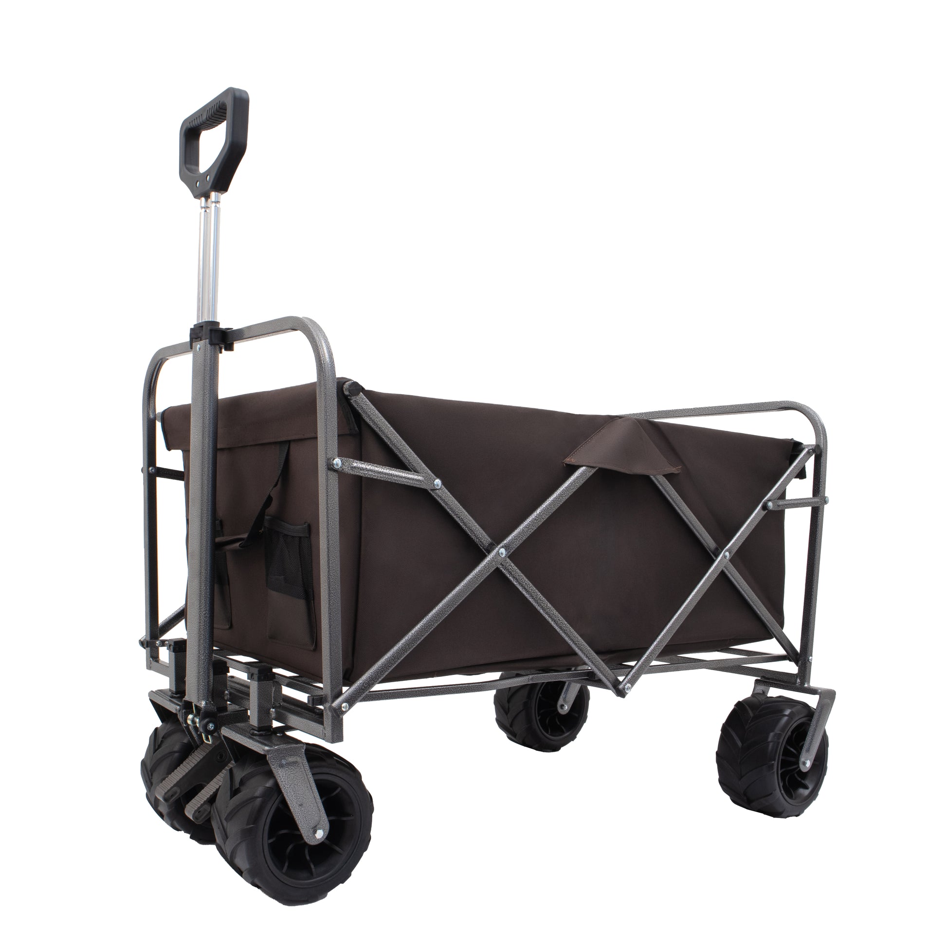 Folding utility wagon in dark brown with steel frame and durable wheels