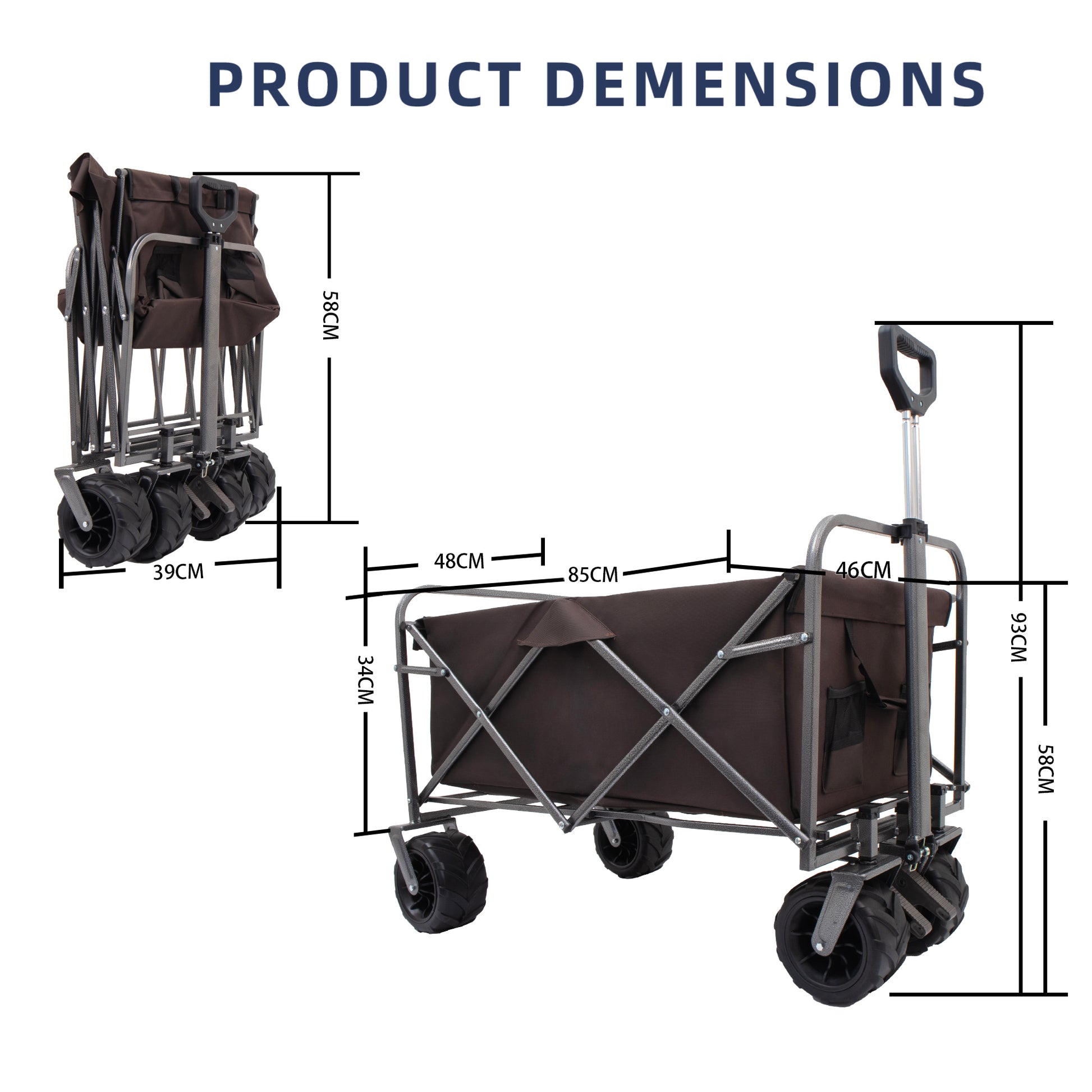Brown collapsible utility wagon with large wheels and adjustable handle