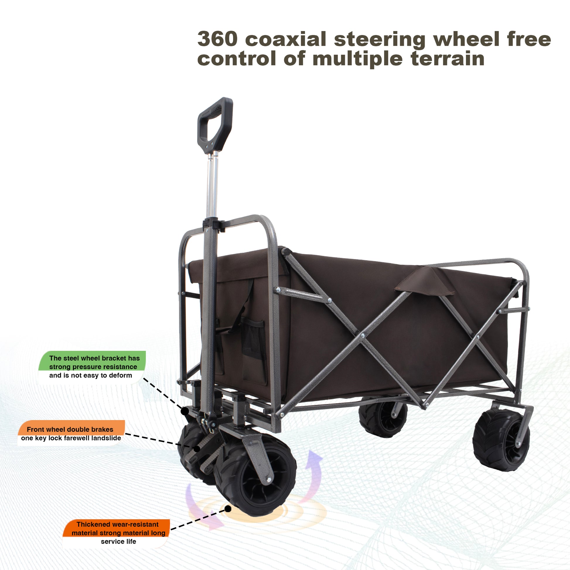 Brown folding wagon with sturdy steel frame and allterrain wheels for outdoor hauling