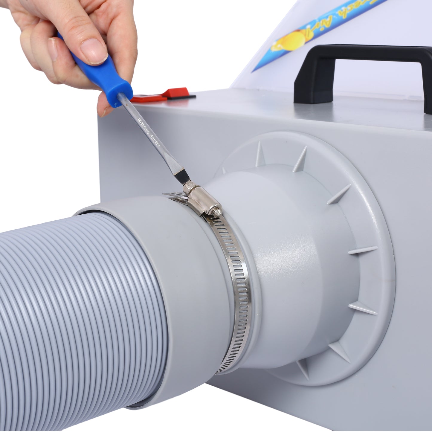 Hand tightening metal clamp on grey air duct hose with blue screwdriver