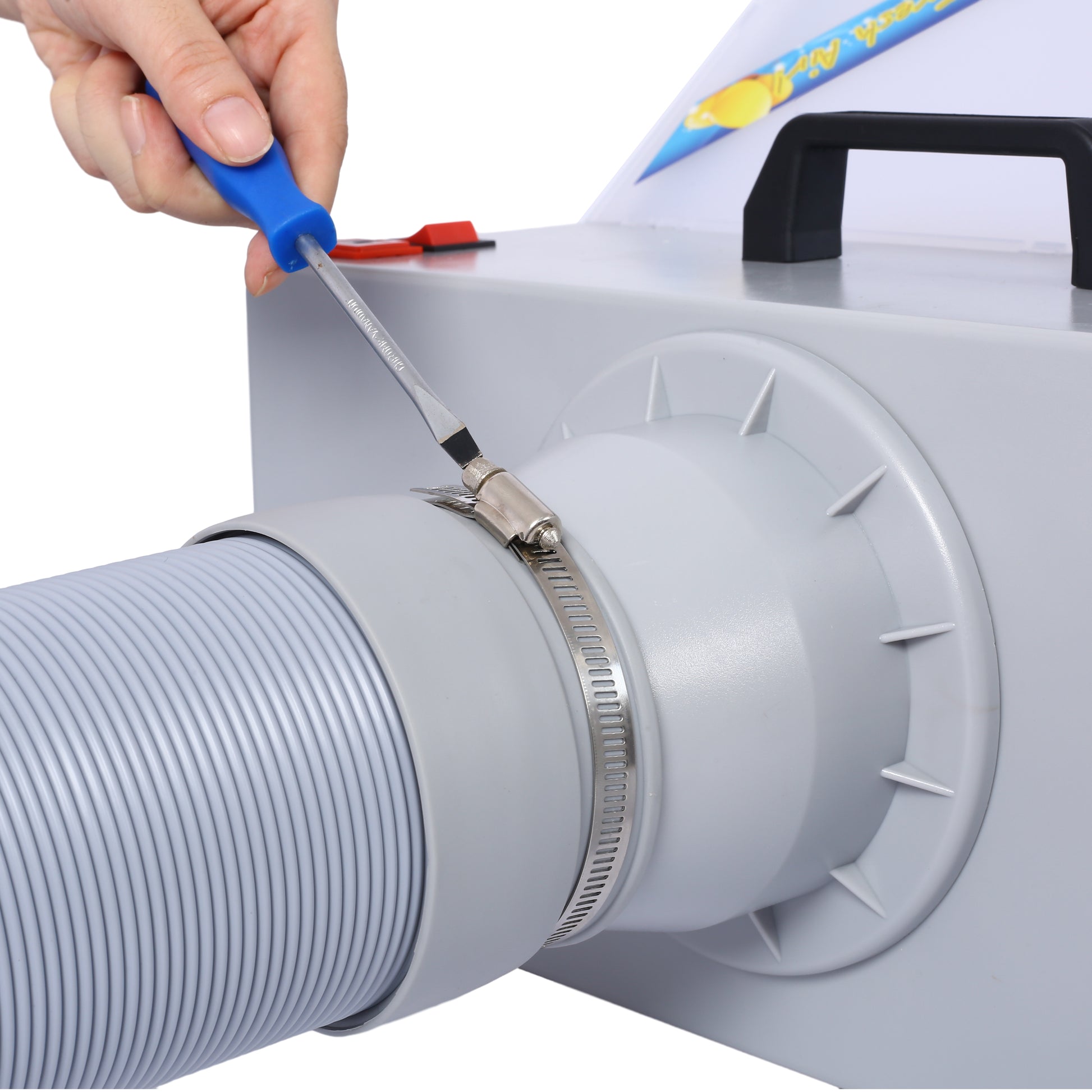 Hand tightening metal clamp on grey air duct hose with blue screwdriver