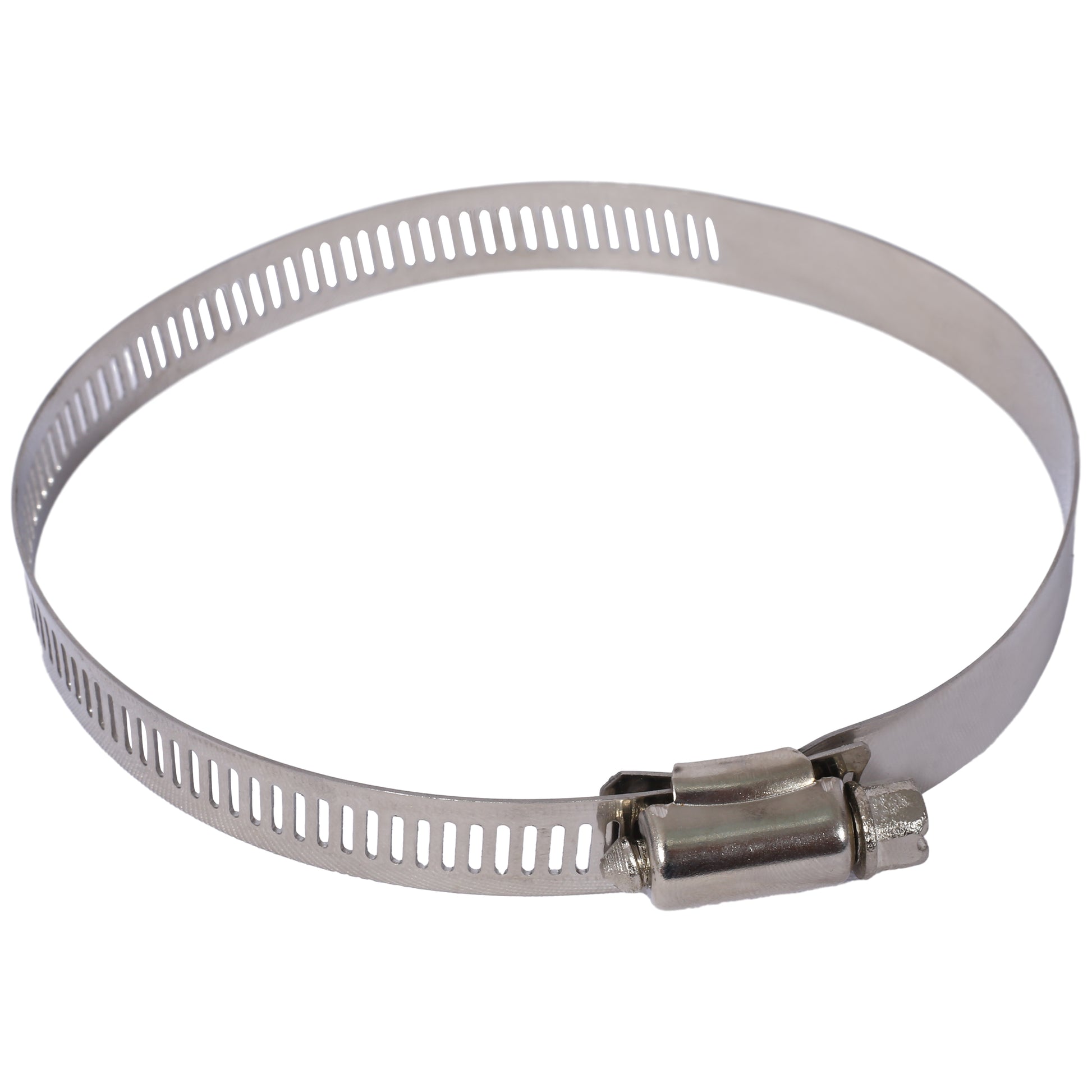 Adjustable stainless steel hose clamp with slotted band and screw mechanism