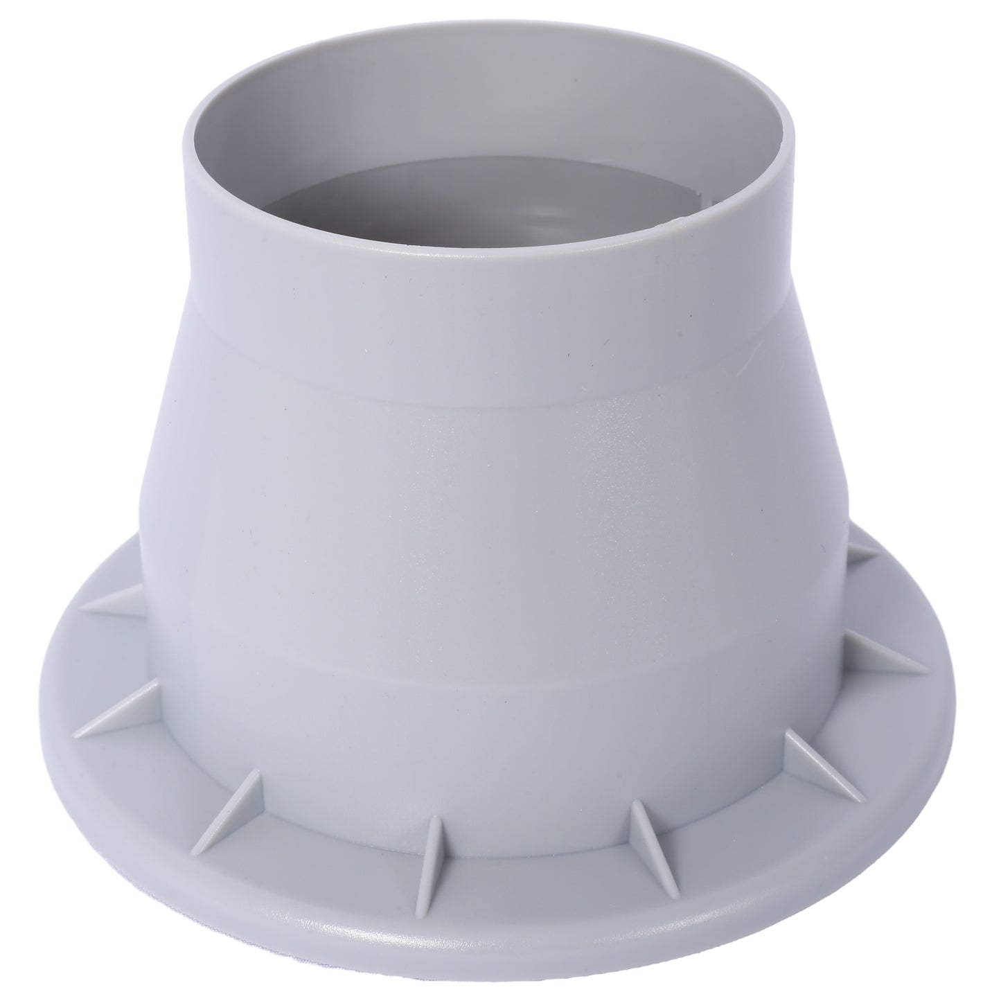 Gray plastic plumbing adapter with flared base for secure installation