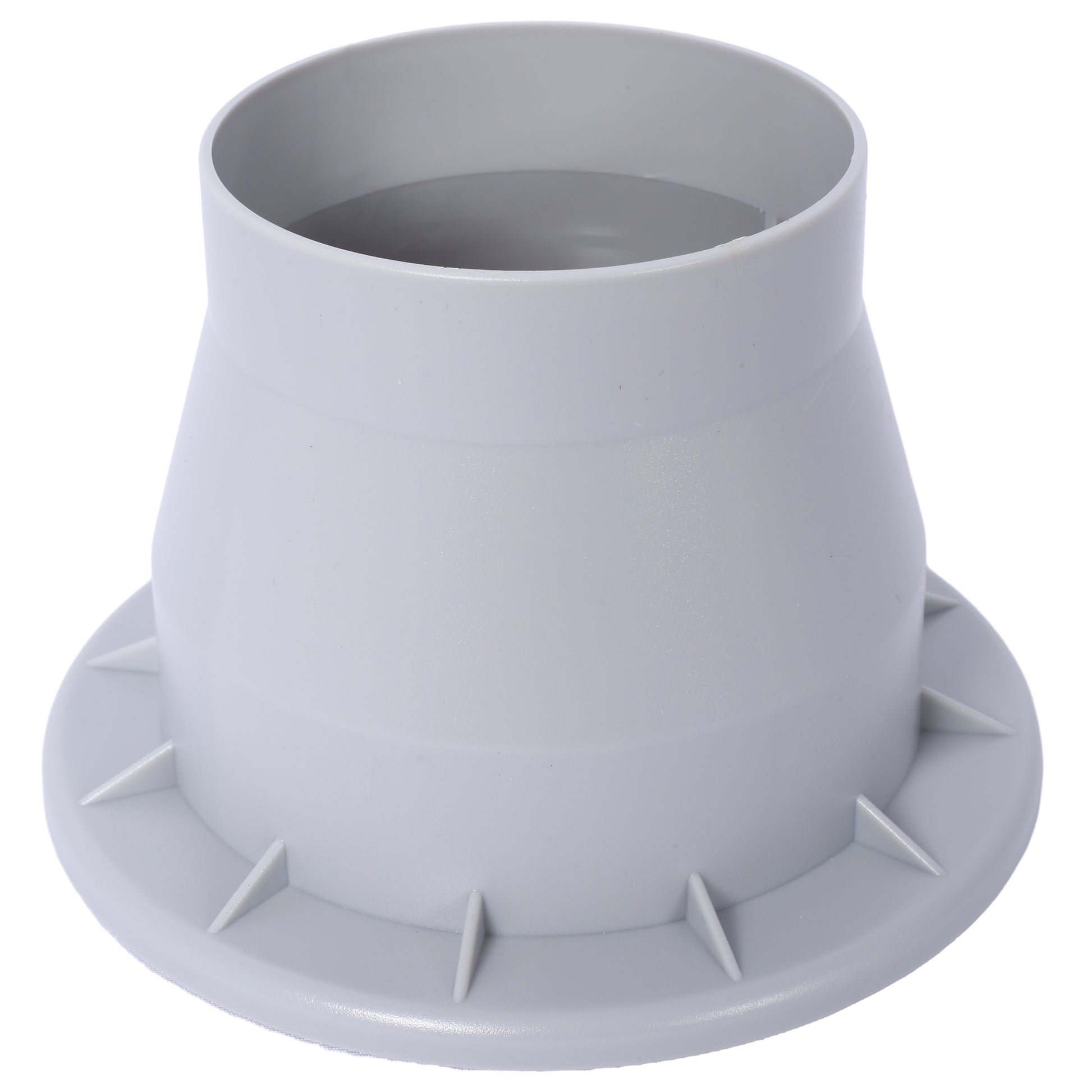 Gray plastic plumbing adapter with flared base for secure installation