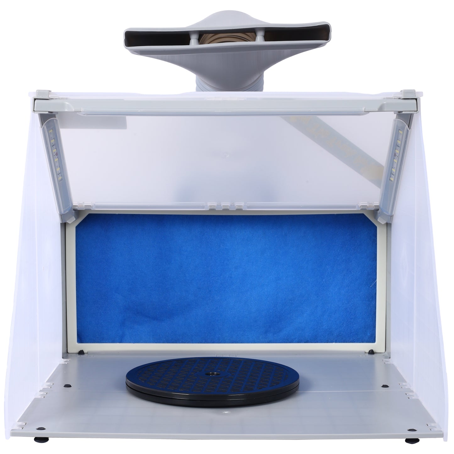 Gray portable spray booth with LED lights and turntable for hobbyists