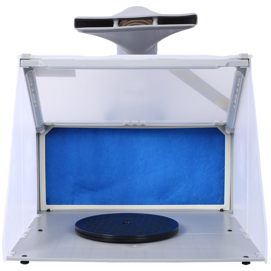 Gray portable spray booth with LED lights and turntable for hobbyists