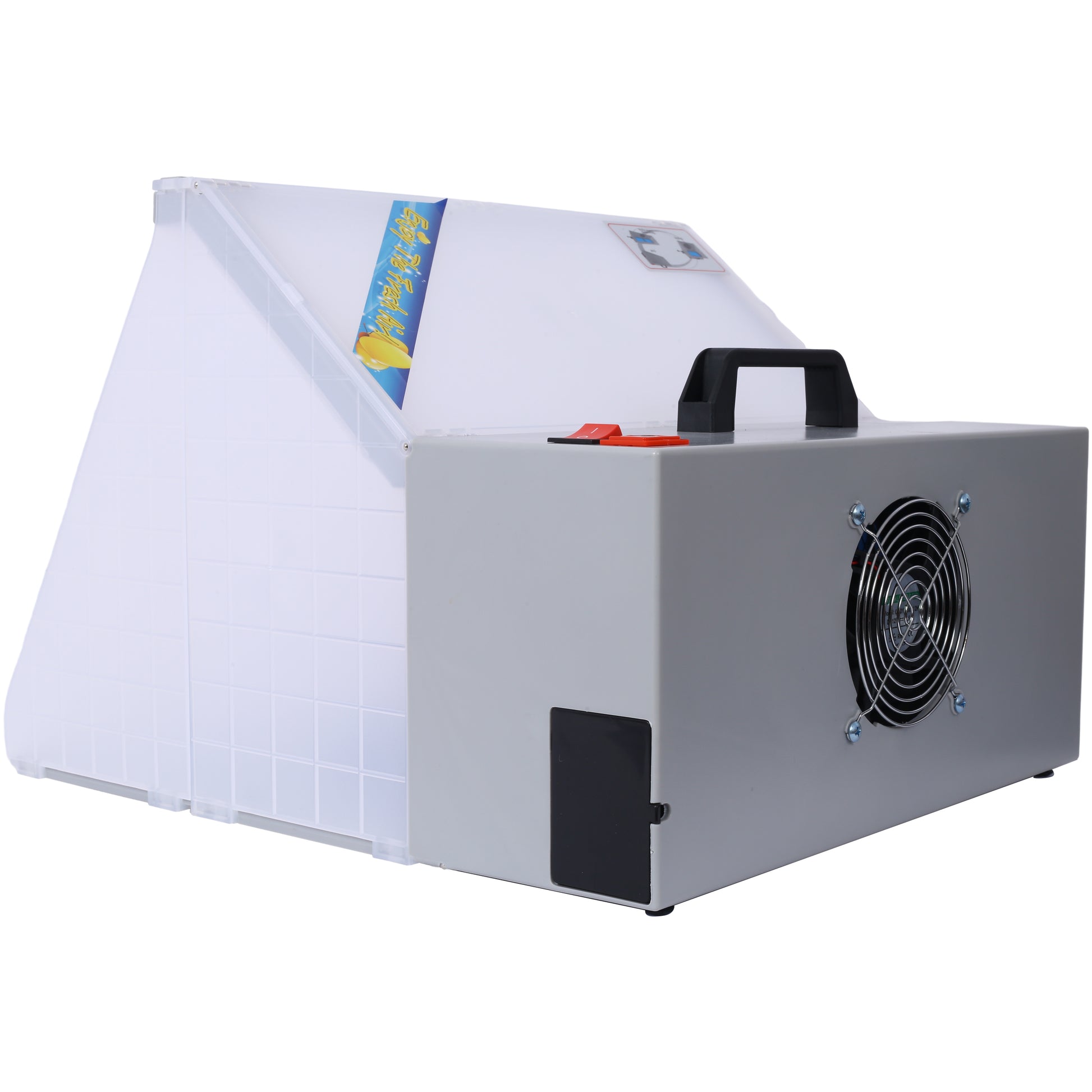 Gray portable air purifier with a transparent angled hood and fan vent