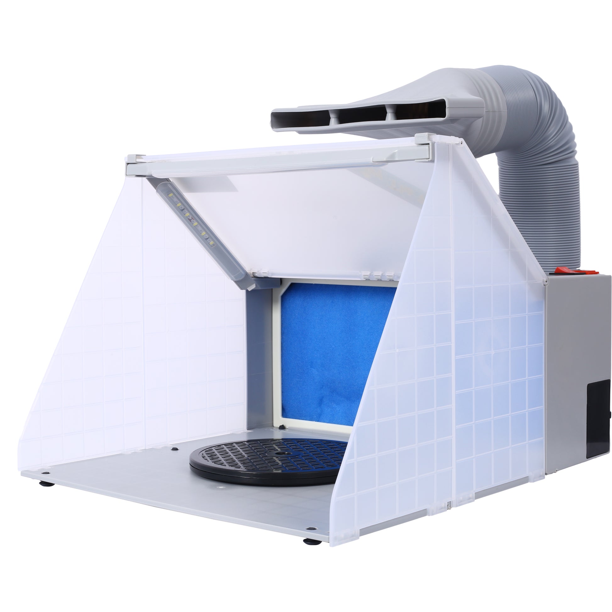 Portable spray booth with integrated fan and exhaust hose for hobbyists