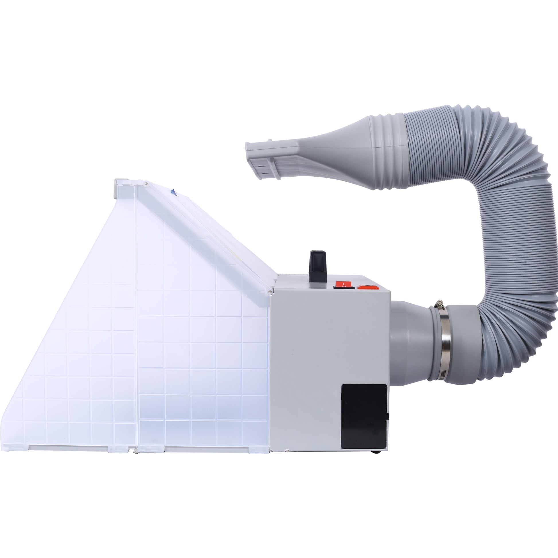 Gray adjustable fume extractor with transparent hood and flexible hose for hobbyist use