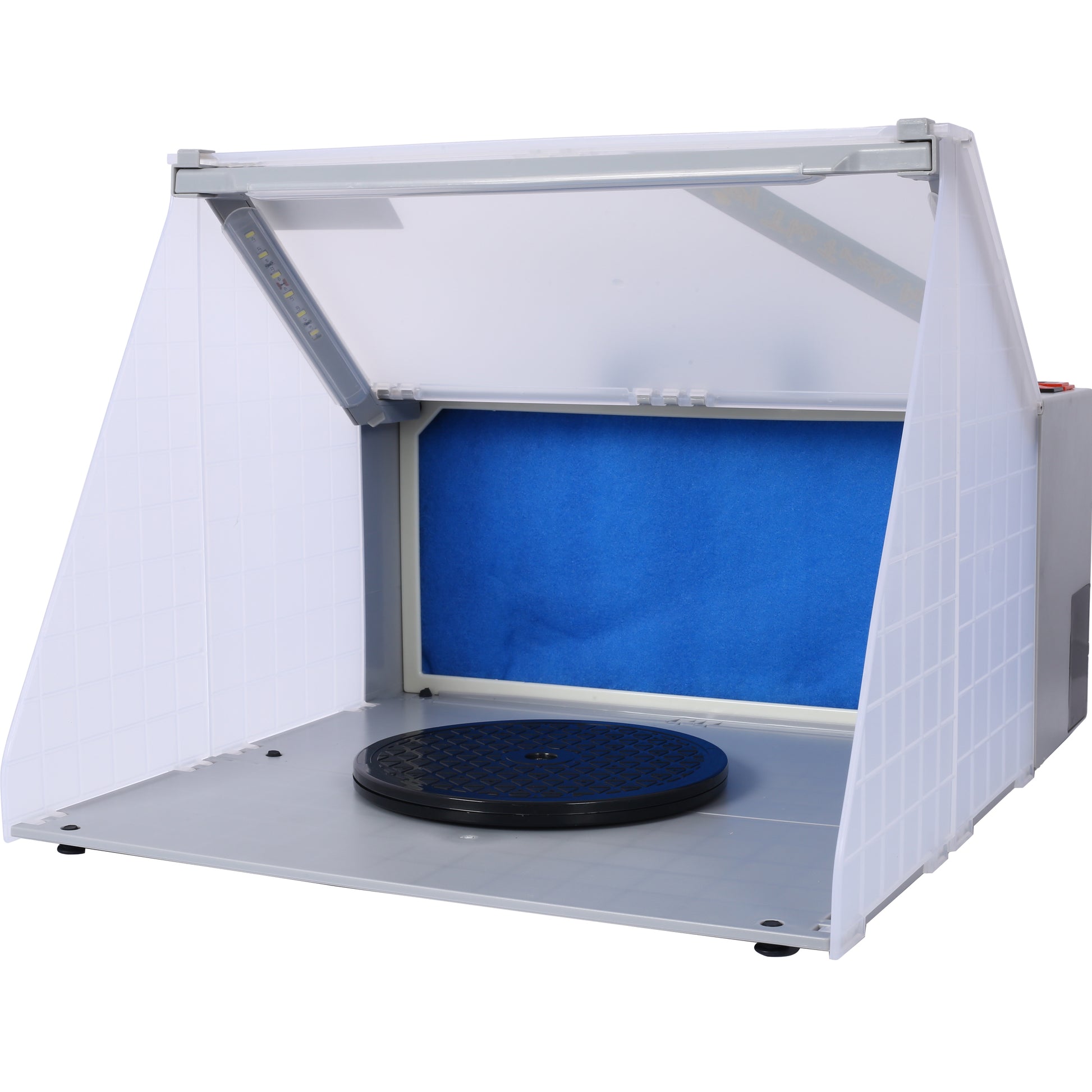 Portable spray booth with LED lights and blue filter ideal for model painting and crafts