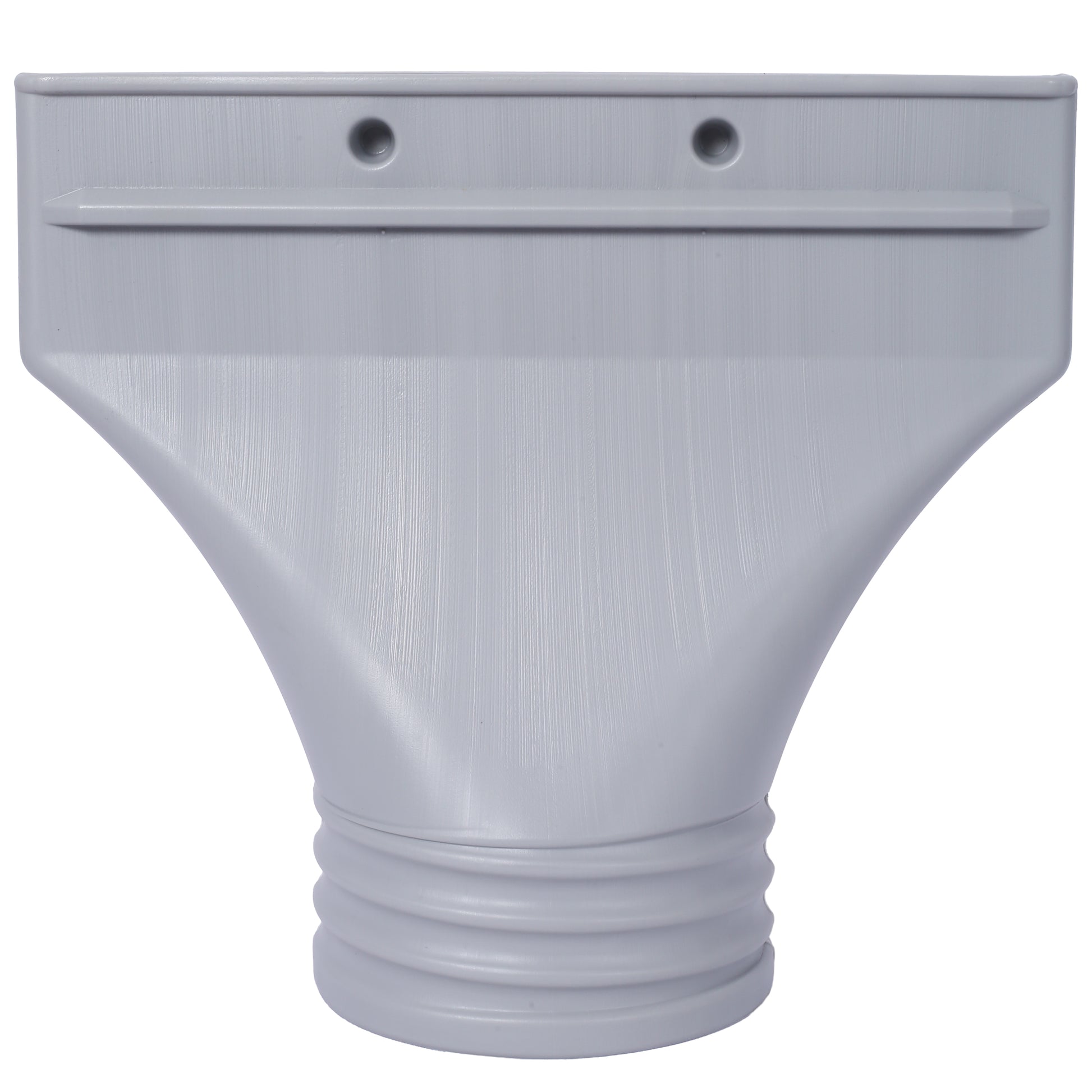 Gray plastic dryer vent hose adapter with ribbed connection end