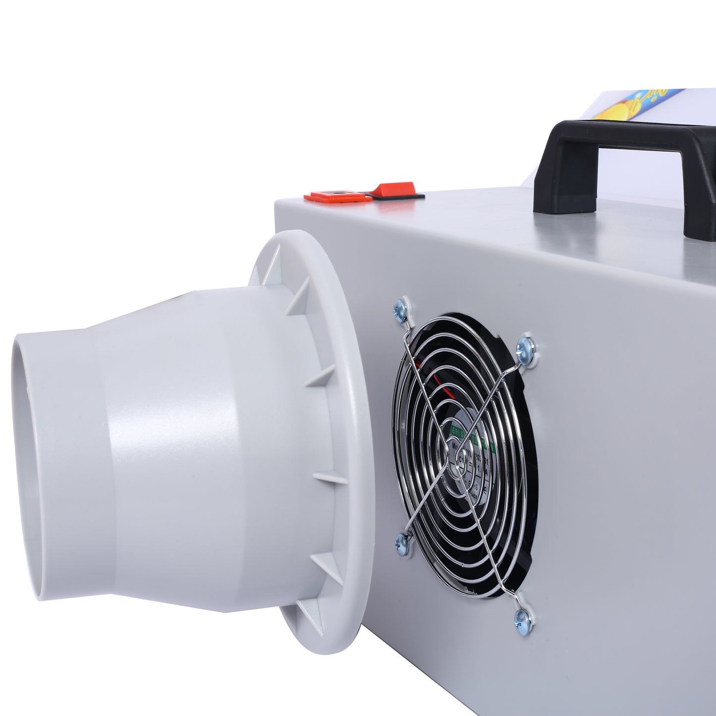 Silver exhaust fan with grate on a gray portable ventilation unit