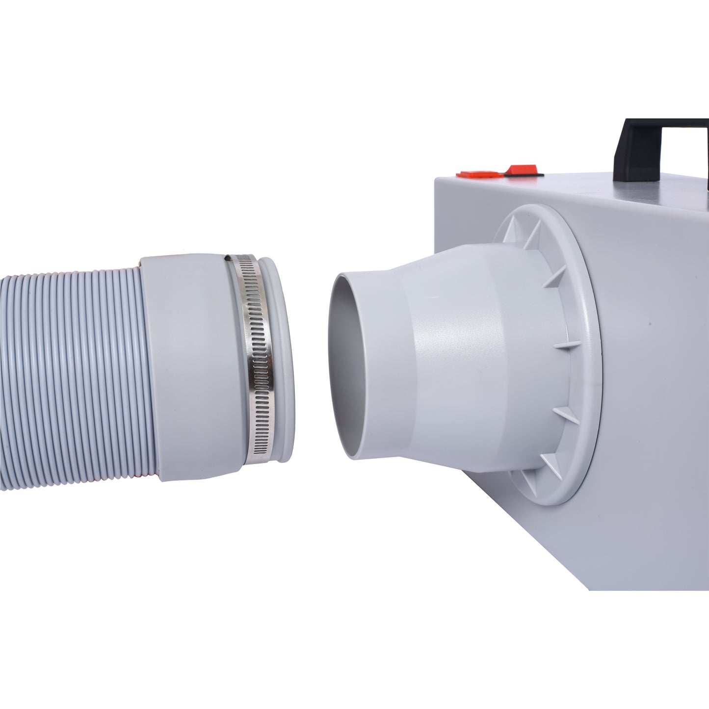 Gray flexible hose attachment with metal clamp connecting to exhaust duct outlet