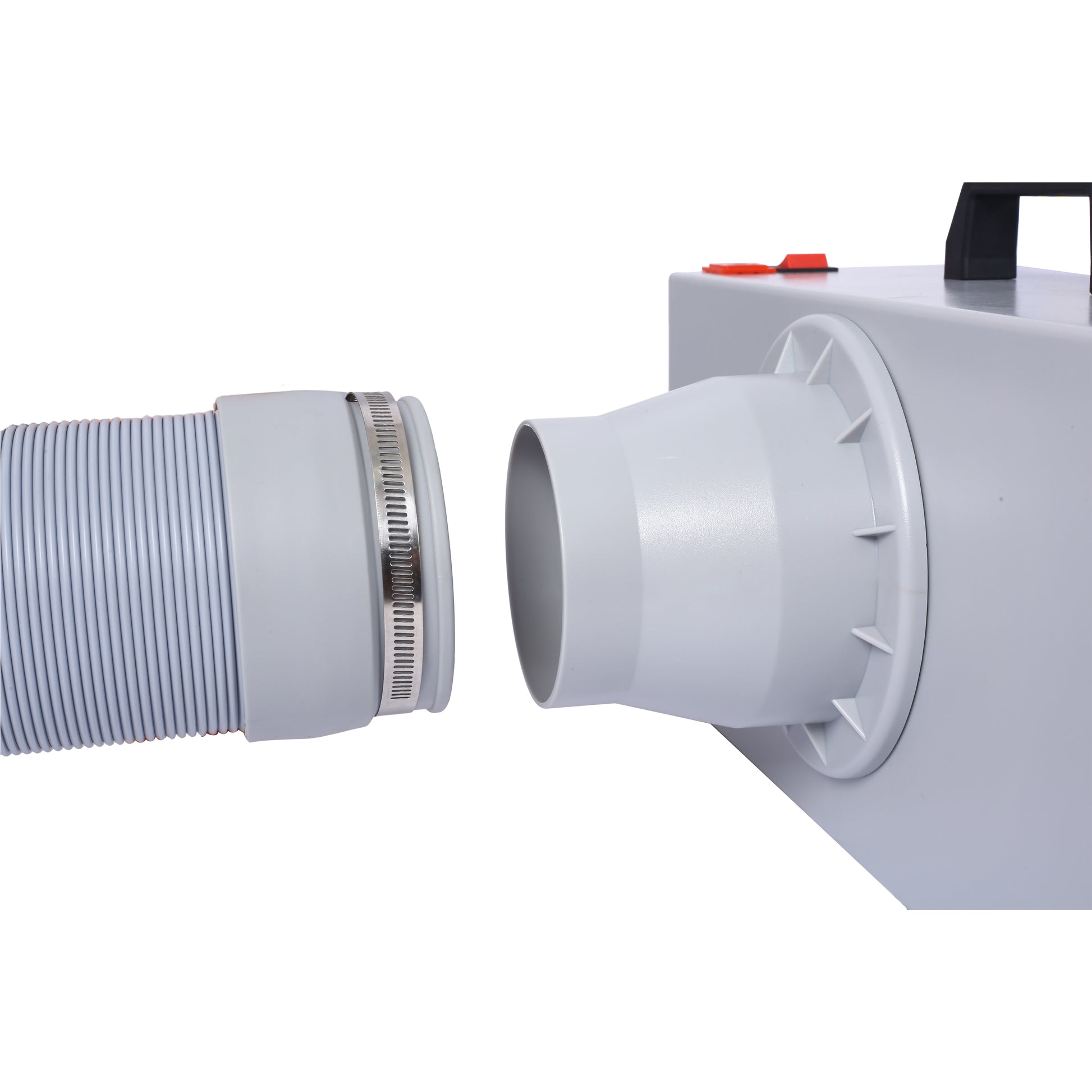 Gray flexible hose attachment with metal clamp connecting to exhaust duct outlet