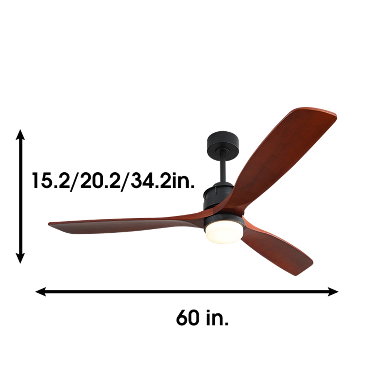 Modern black ceiling fan with three dark wood blades and integrated light