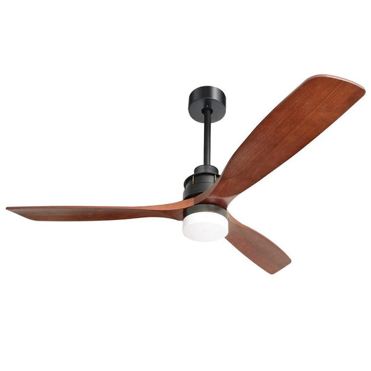 Modern black ceiling fan with three curved walnut wood blades and integrated LED light