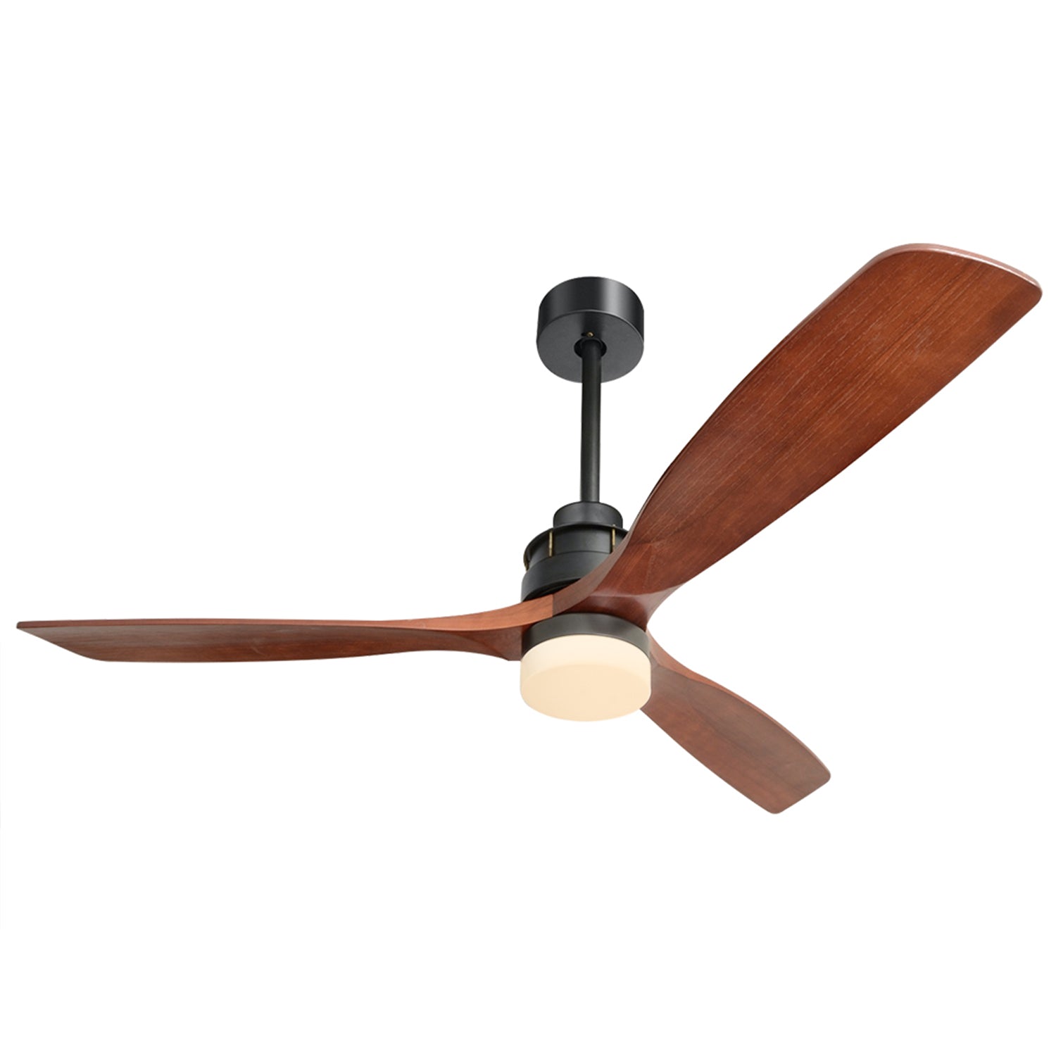 Modern black ceiling fan with three walnut wood blades and integrated LED light