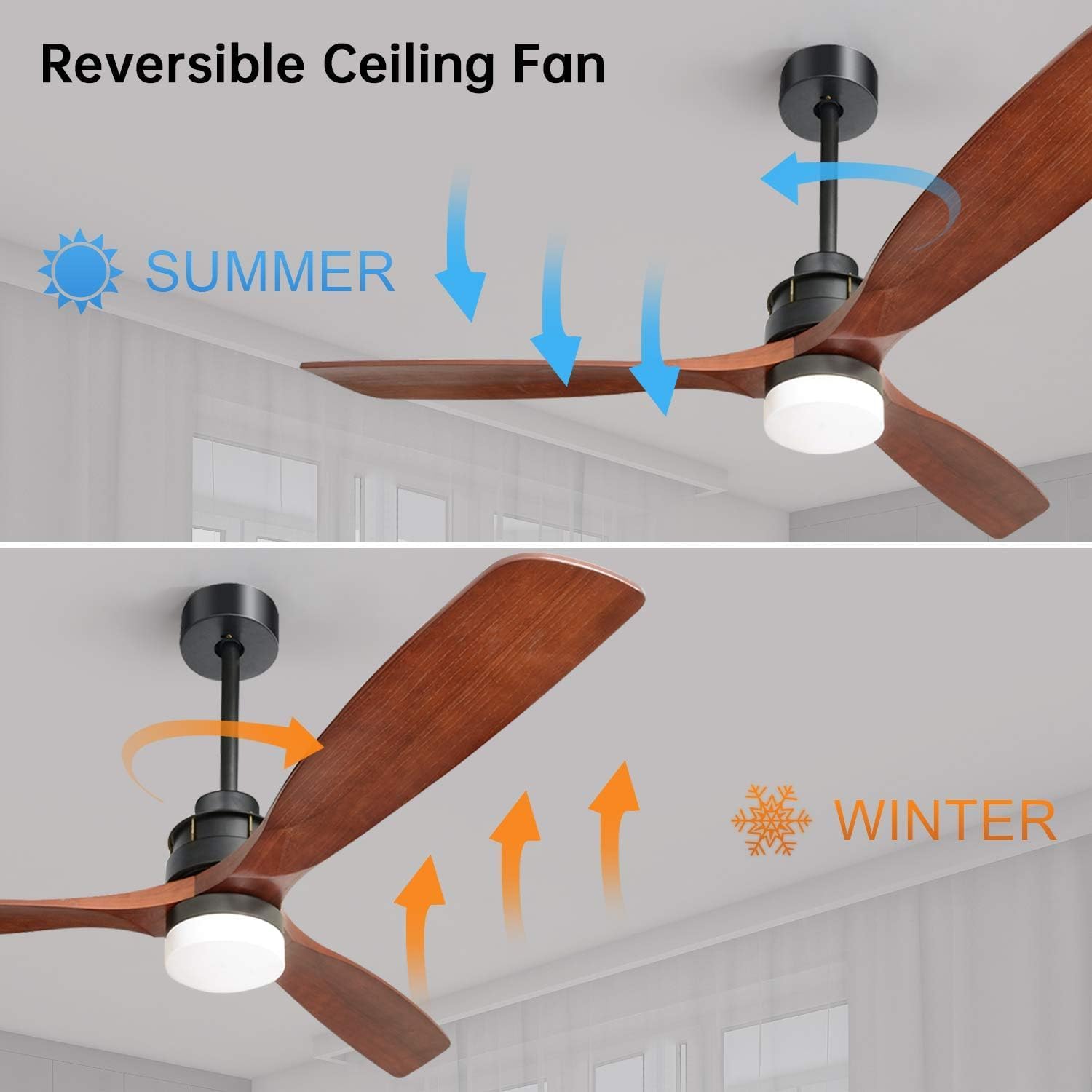 Modern reversible ceiling fan with wooden blades for summer cooling