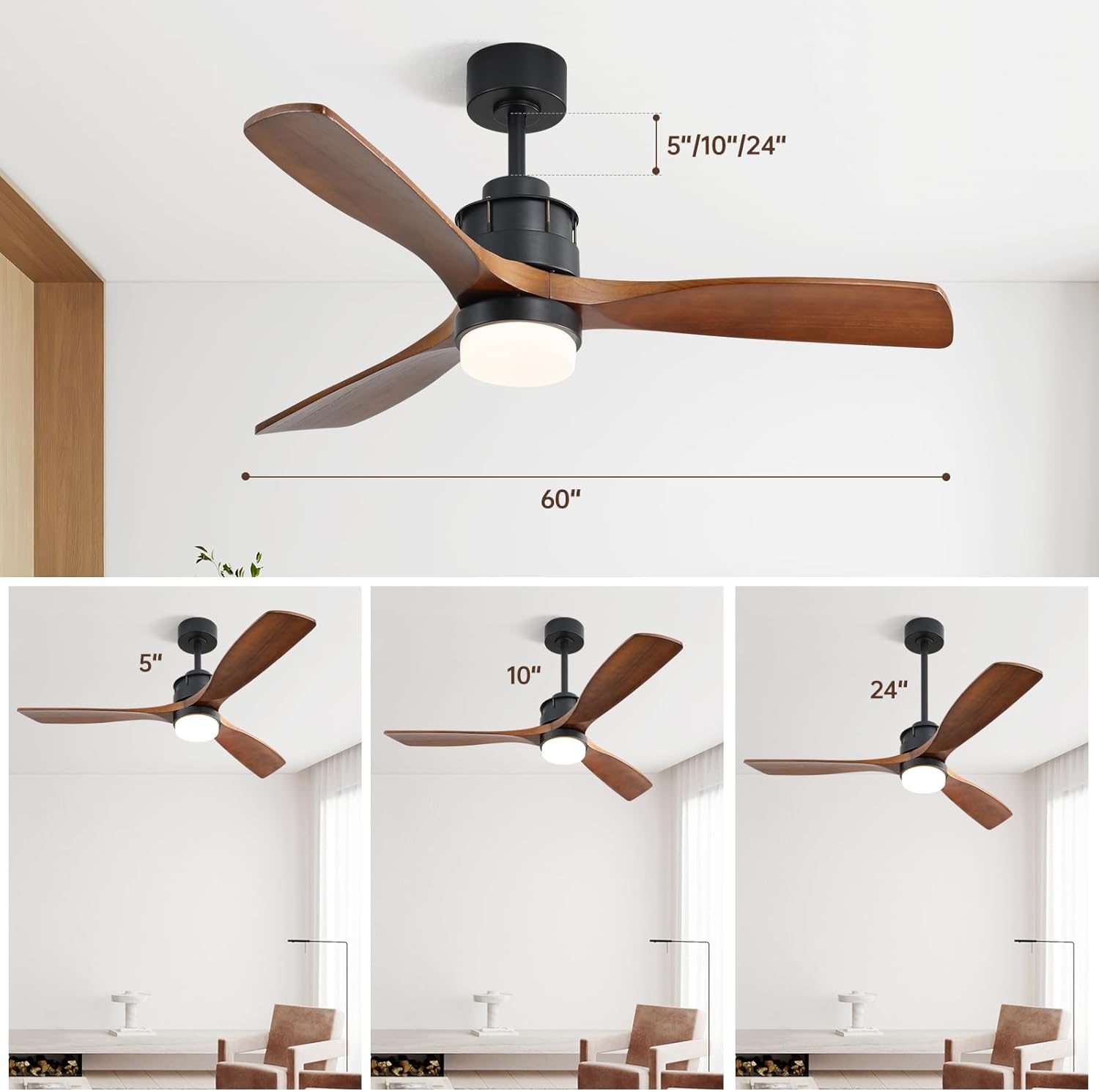 Black and wood inch modern ceiling fan with integrated LED light