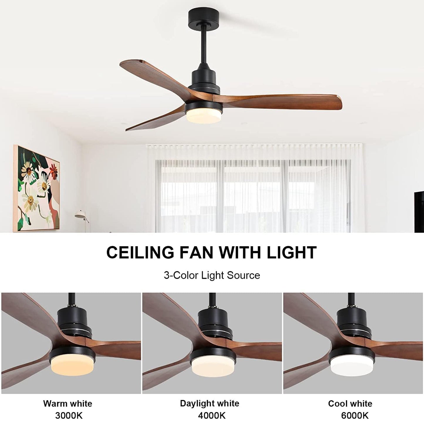 Modern black ceiling fan with  reversible dark wood blades and integrated LED light
