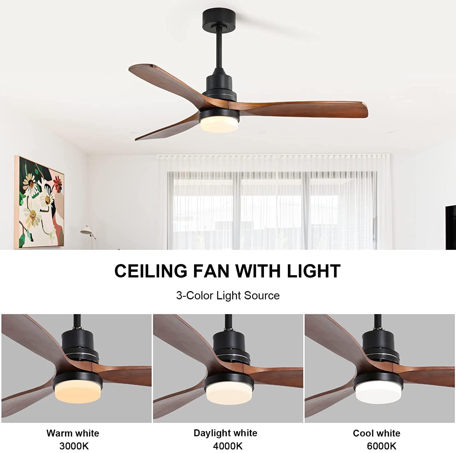 Modern black ceiling fan with  reversible dark wood blades and integrated LED light