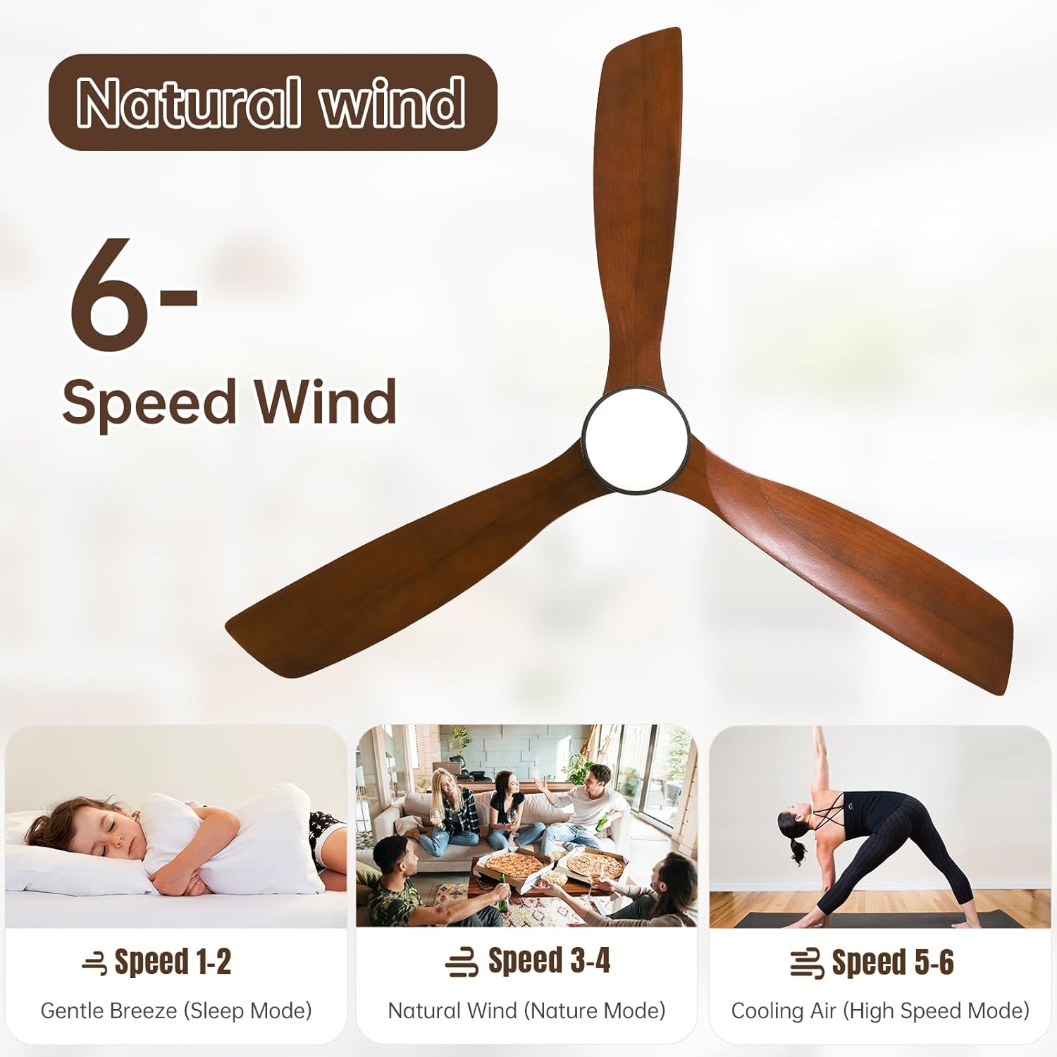 Wooden threeblade ceiling fan with  speed wind options for natural breeze and cooling air