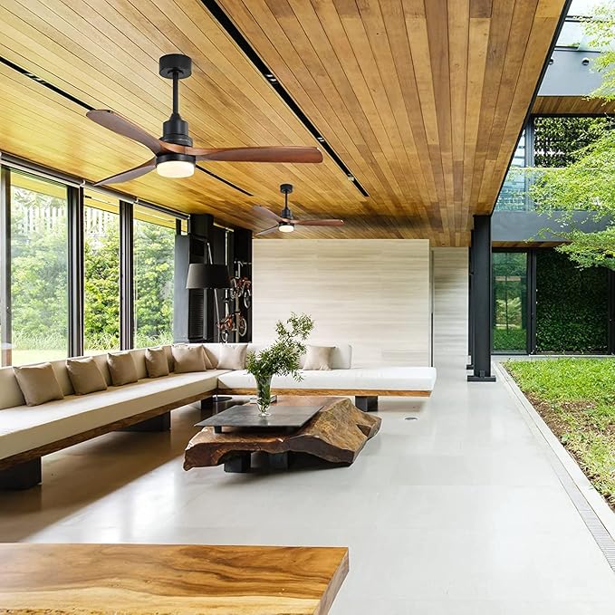 Modern black ceiling fan with dark wood blades and integrated light for living room