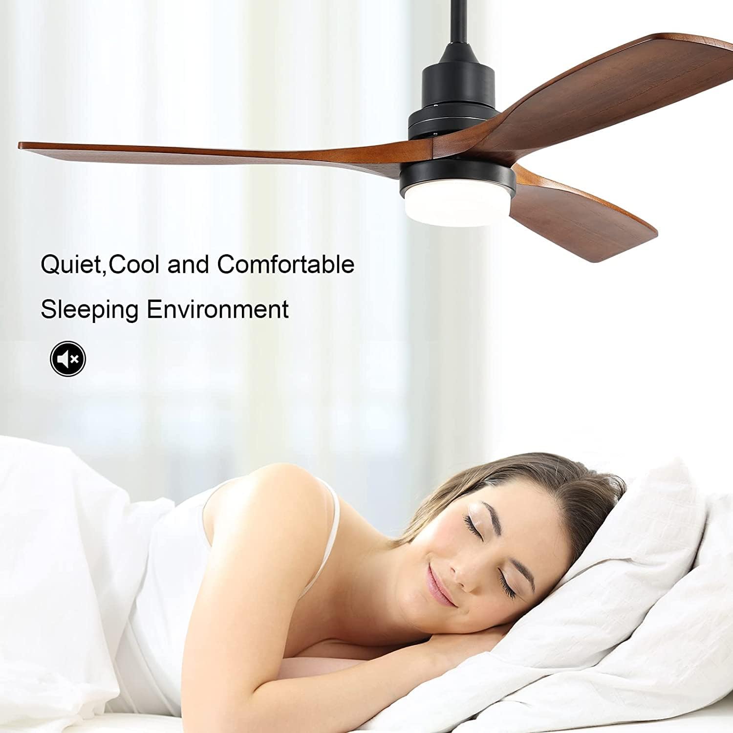 Modern black ceiling fan with three dark wood blades and an integrated light