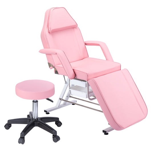 Pink adjustable spa bed with reclining backrest and footrest includes wheeled stool