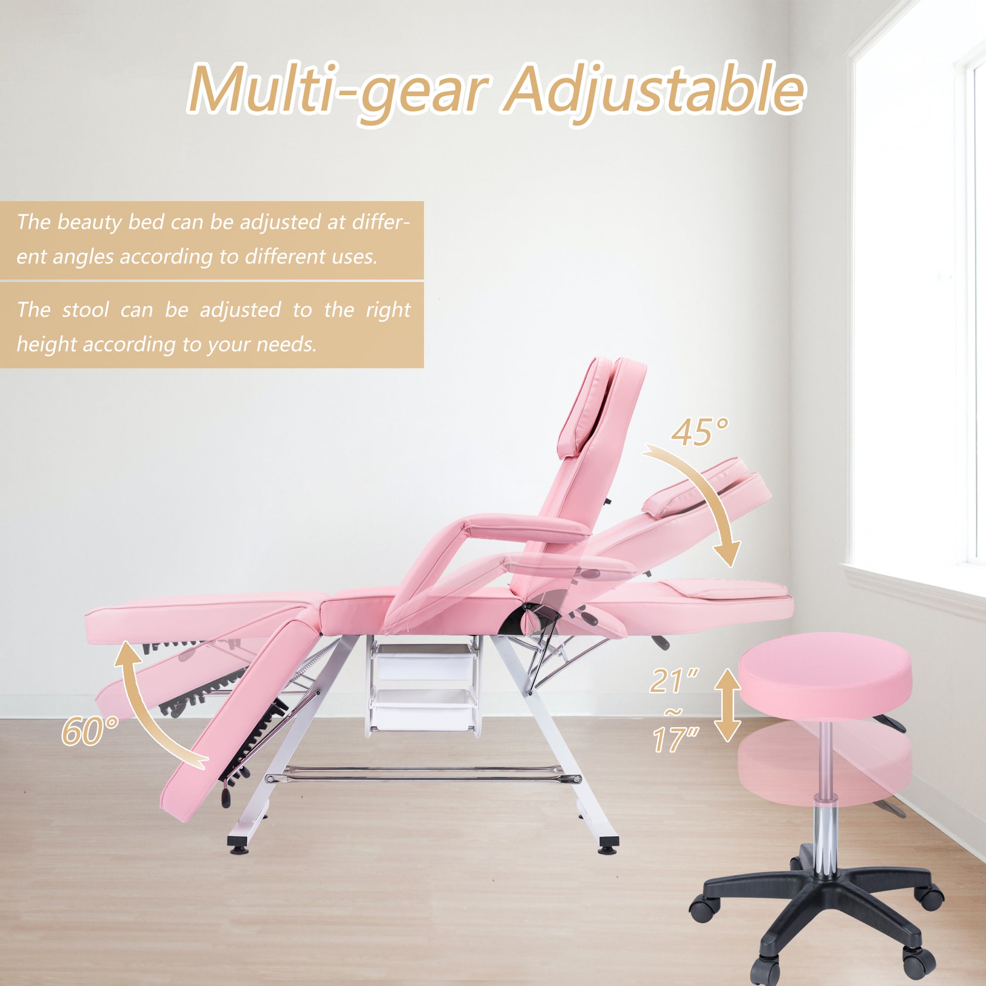 Pink adjustable spa bed with armrests and storage drawers ideal for salons