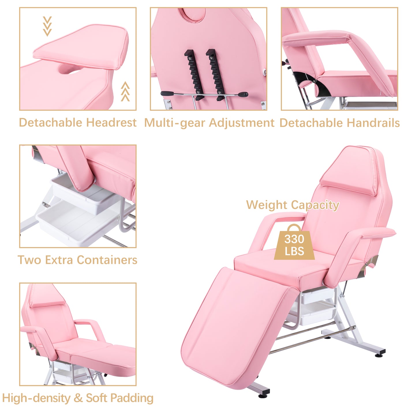 Pink adjustable massage table with detachable headrest and armrests